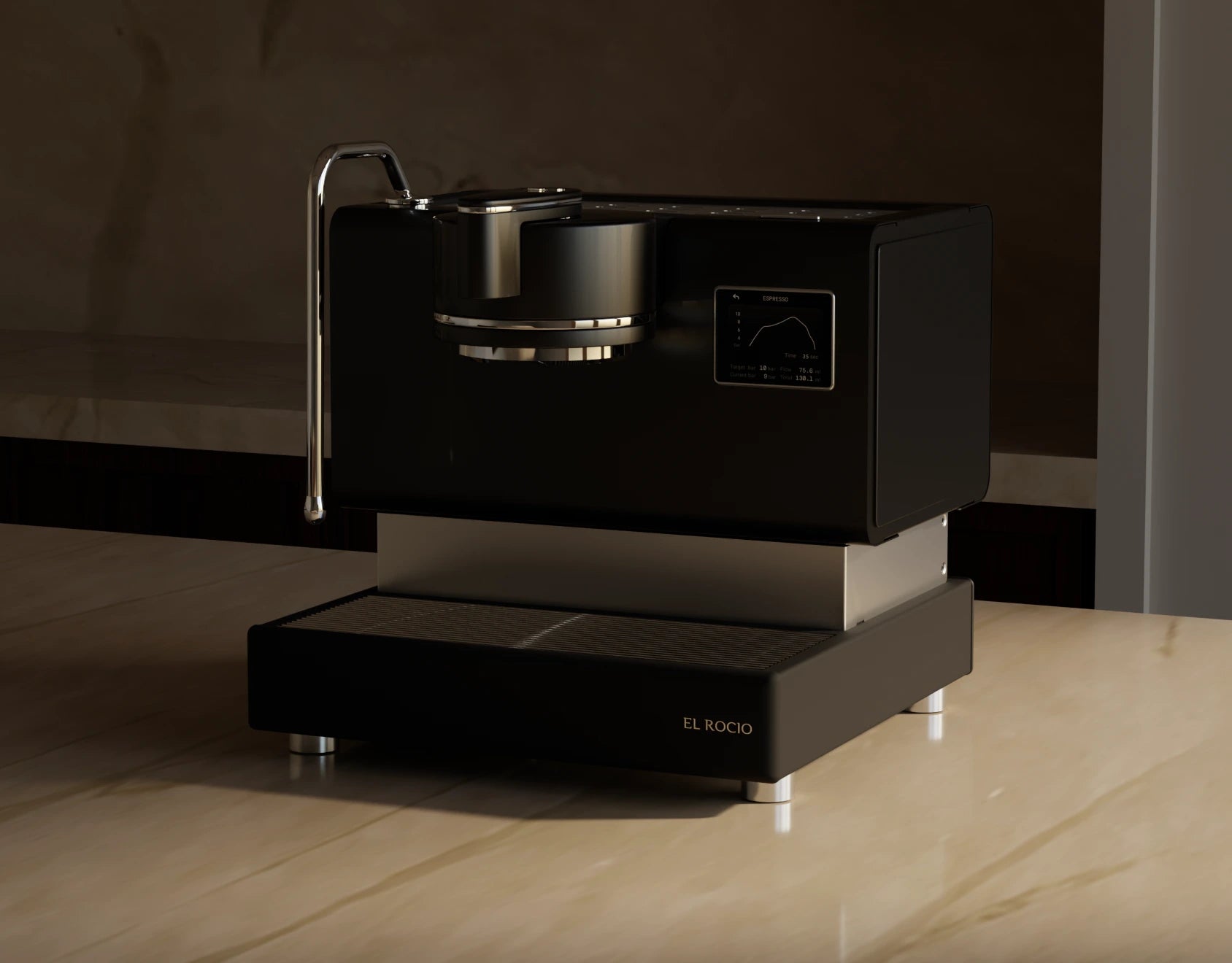 El-Rocio ZIta Black espresso machine on a wooden floor with a dark background