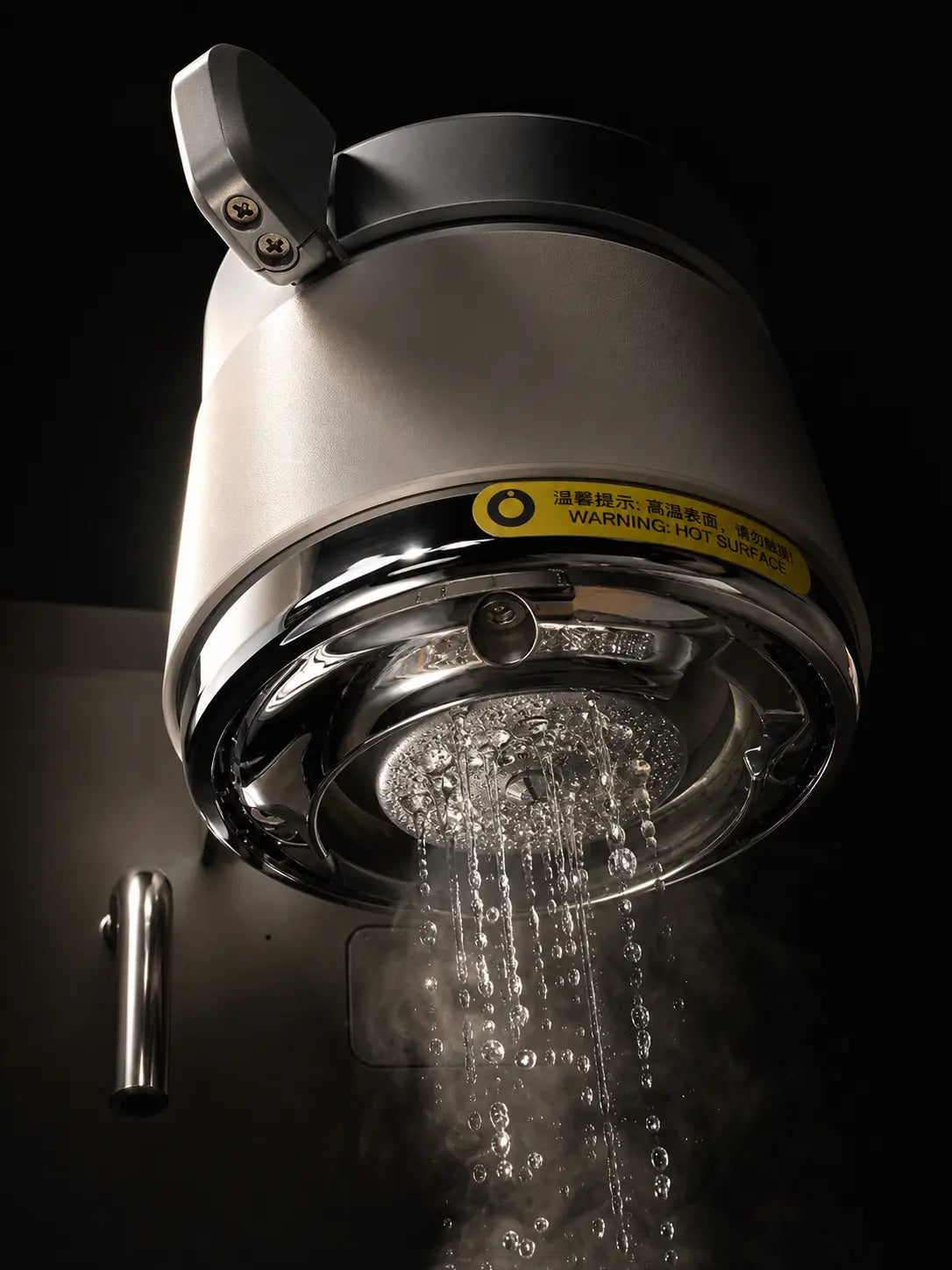 Wendougee LITA SIGMA paddle control system Shower screen view with water flowing out on a black background