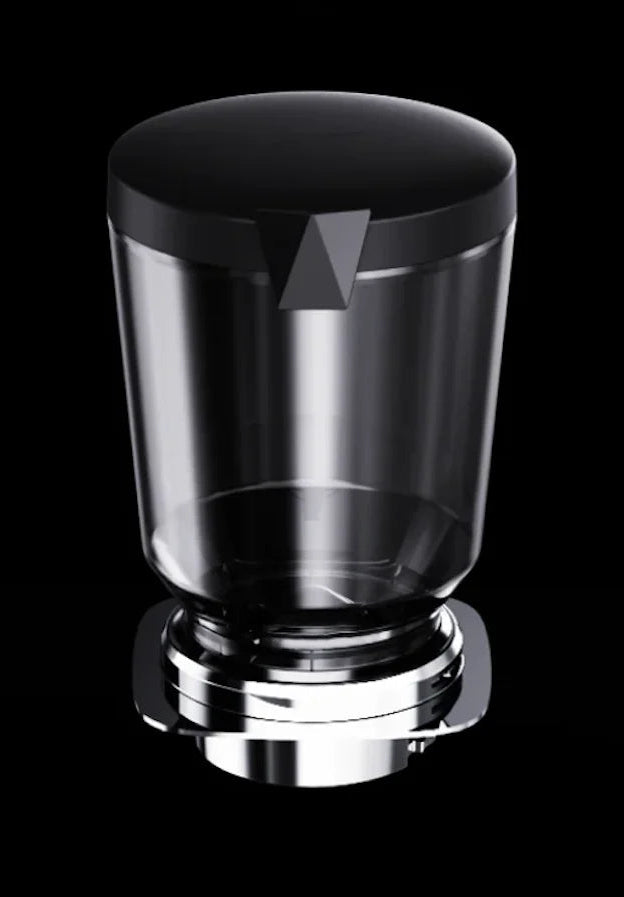 Transparent Wendougee ARES large 1.5kg bean hopper with black lid on a black background from vellutto.eu