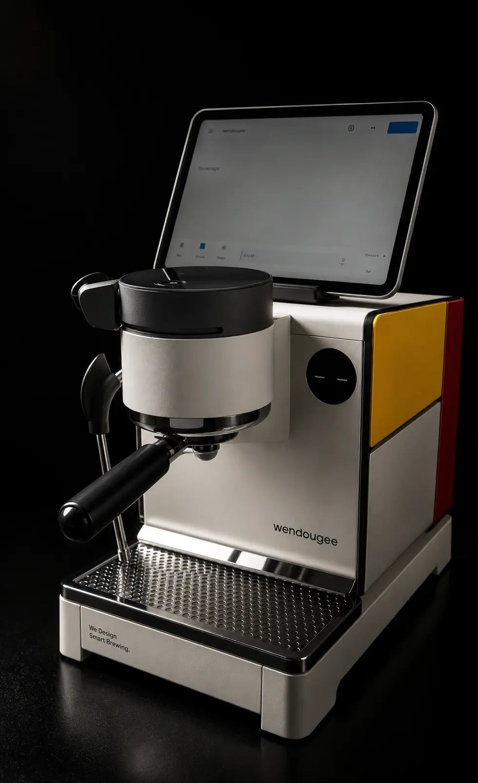 Wendougee LITA SIGMA White with tablet top view  espresso machine with a digital display on a black background