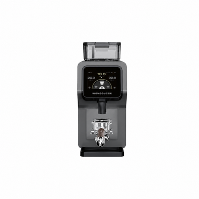 A Wendougee RKone coffee grinder in dark gray and black, featuring a digital display screen and a metal portafilter holder, shown against a plain white background.